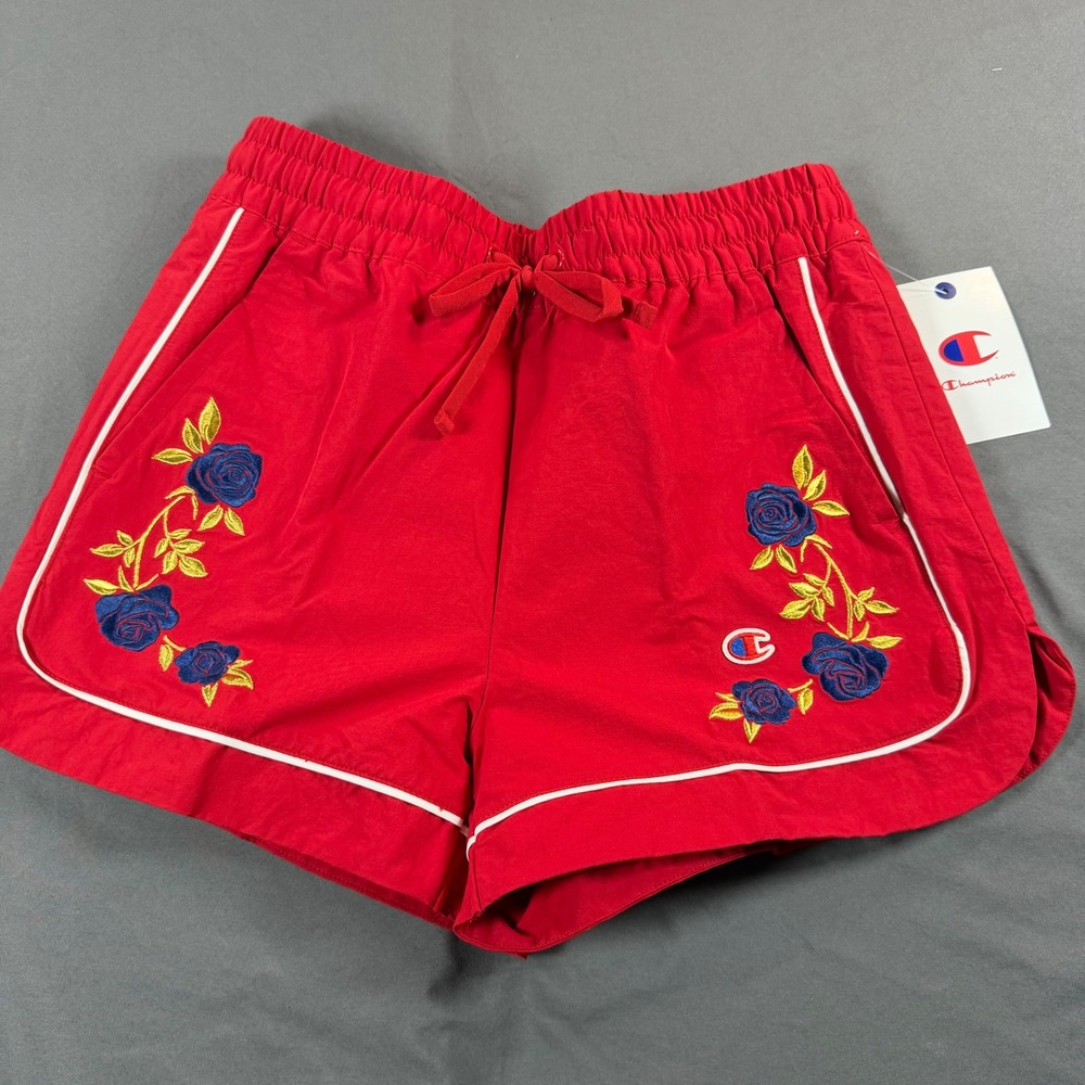 Champion Women Red Embroidered Rose Nylon Shorts 3 Inch Inseam NWT Small
